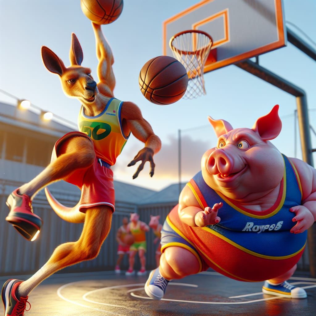 Anthropomorphic Kangaroo Slam Dunk in Sunset Game