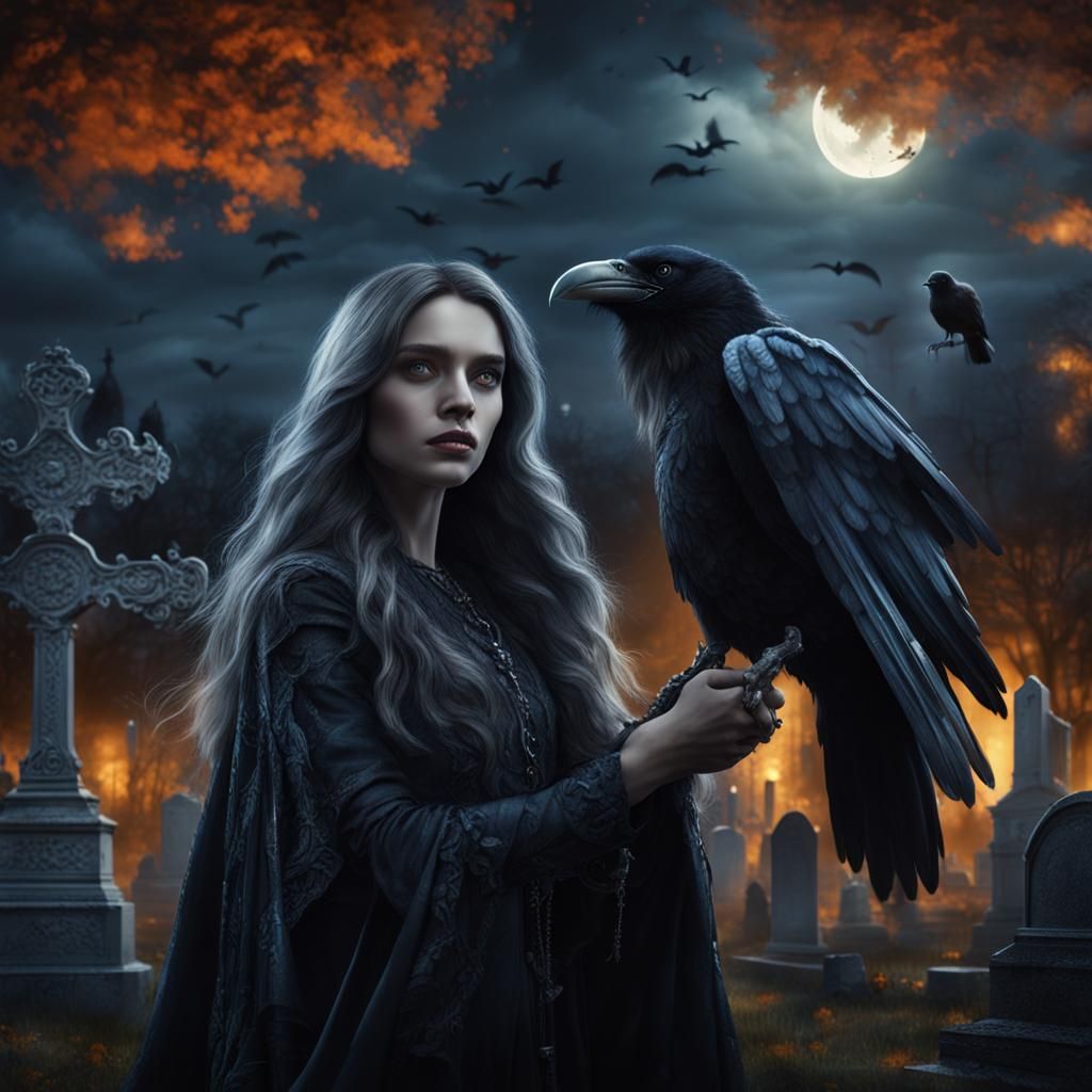 Epic Raven-Winged Witch in Cemetery Painting