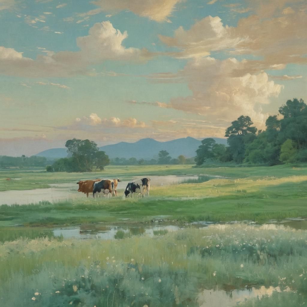 Impressionistic Cows Grazing in a Lush Field