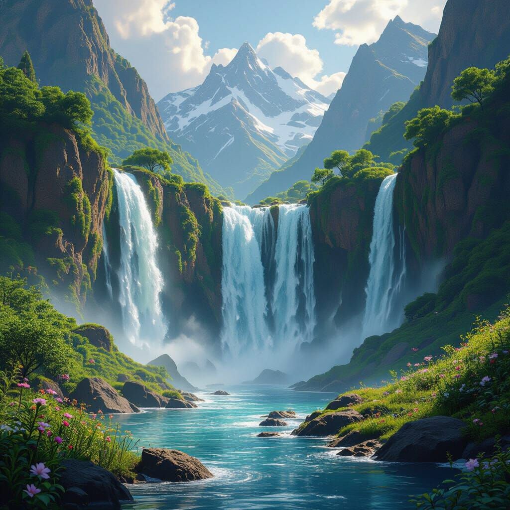 Whimsical Waterfall from Mountains as Matte Painting