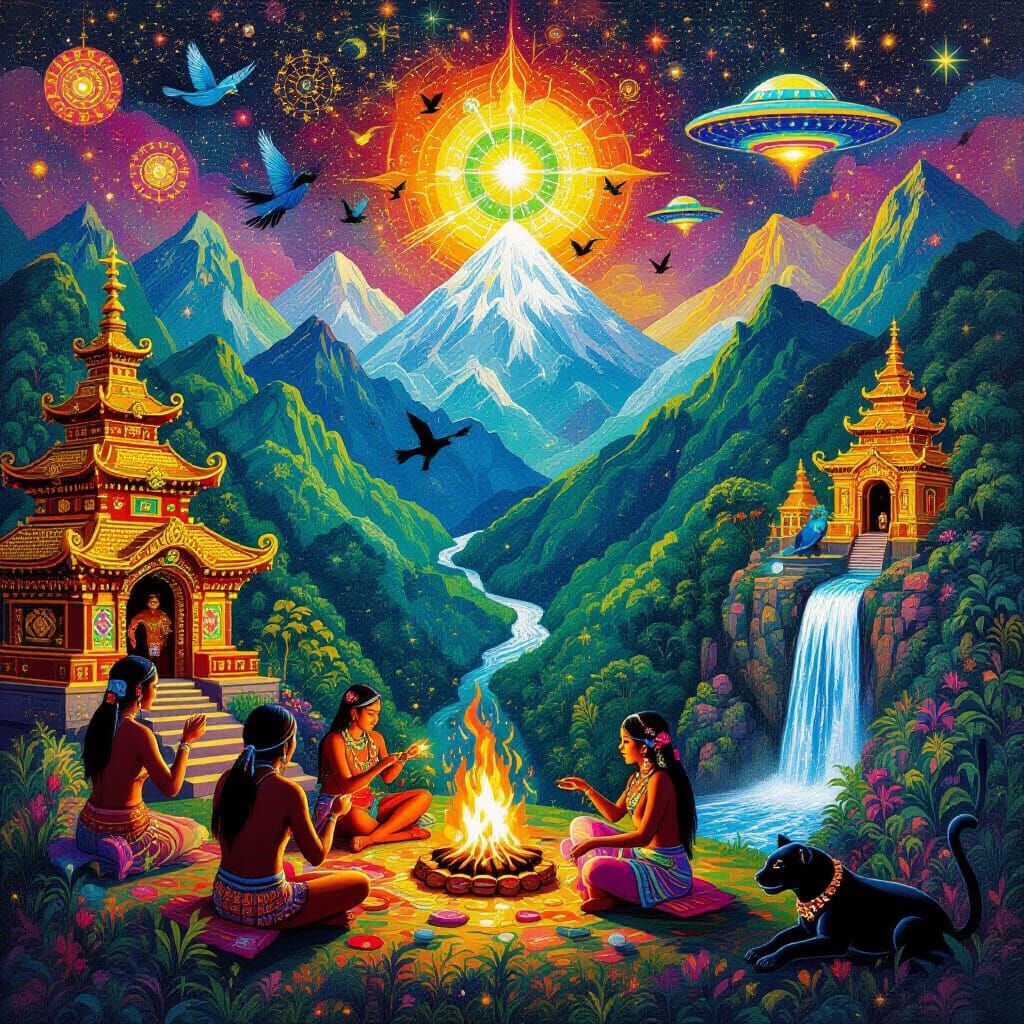 Psychedelic Mountain Ceremony in Vivid Neon Colors
