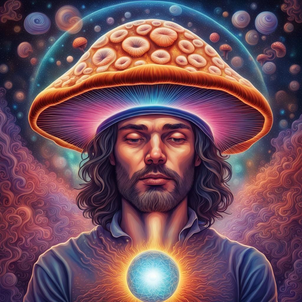 Esoteric Mushroom Man in Holographic Astral Style