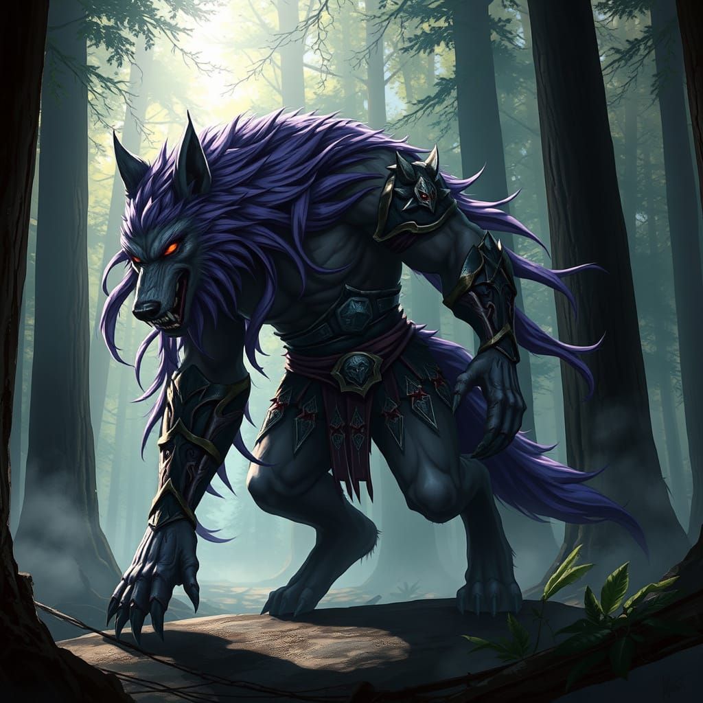 Armored Werewolf with Purple Hair in Misty Forest