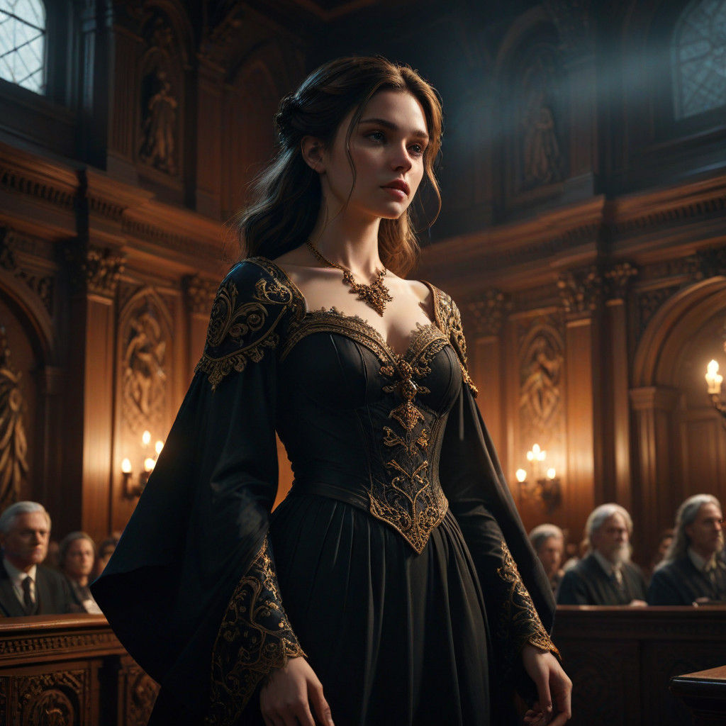 Young Witch Stands Trial in Dark, Ornate Courtroom
