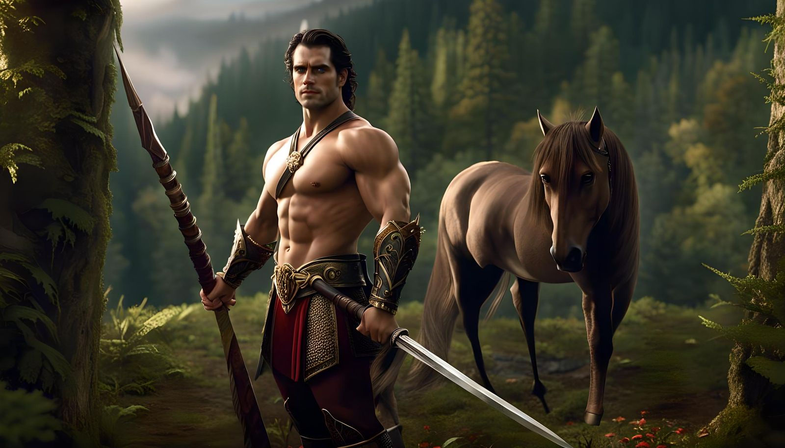 Realistic Centaur Warrior in Forest, Digital Matte Painting