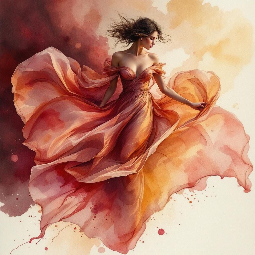 Ethereal Woman in Watercolor Dress, Painterly Realism