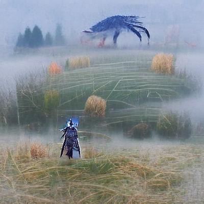 Mysterious Figure in Foggy Field