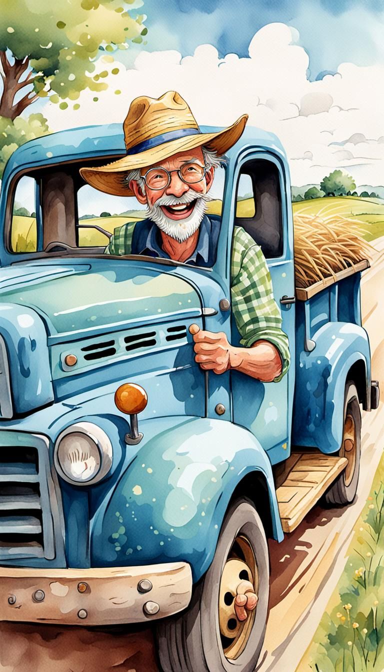 Sketch-style illustration of a cheerful, quirky and funny rural man drives a worn-out blue truck down a sunny country ro...