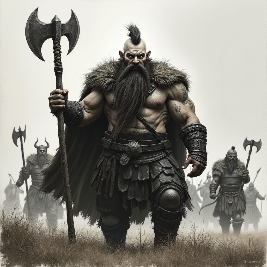 Dwarf Barbarian with Battle Axe in Charcoal Drawing Style