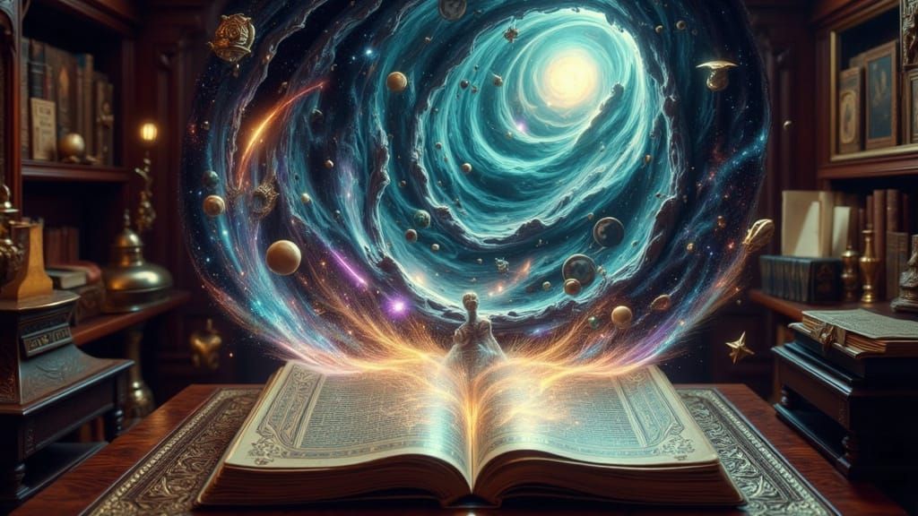 Enchanted Book Opens to Cosmic Vortex