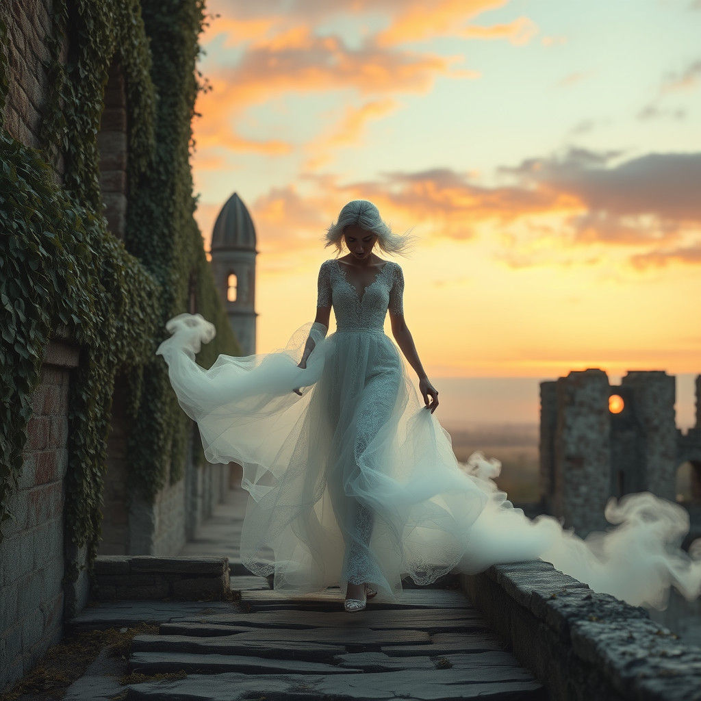 Ethereal Woman on Castle Ruins at Dusk