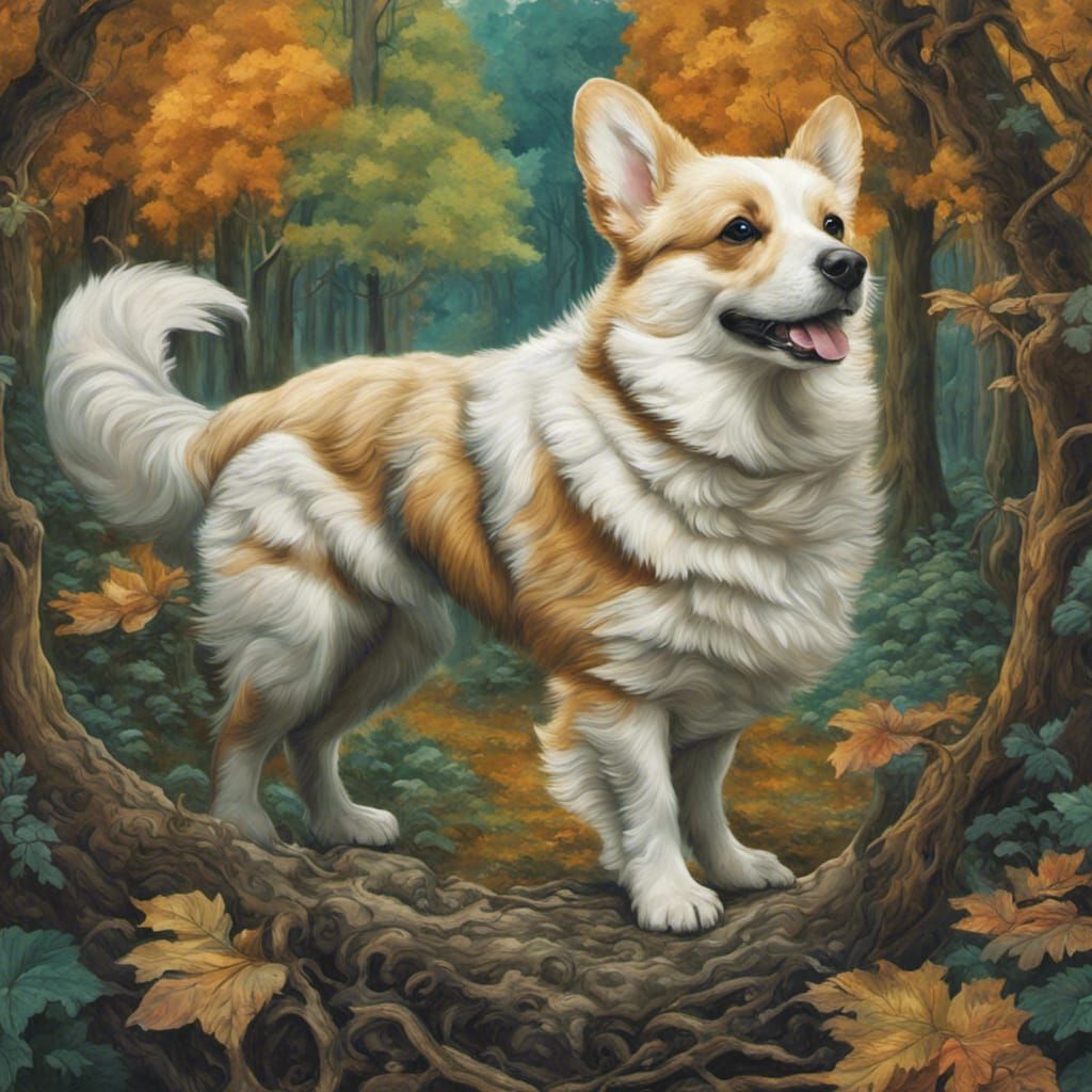 Corgi Dog in Renaissance Style Forest