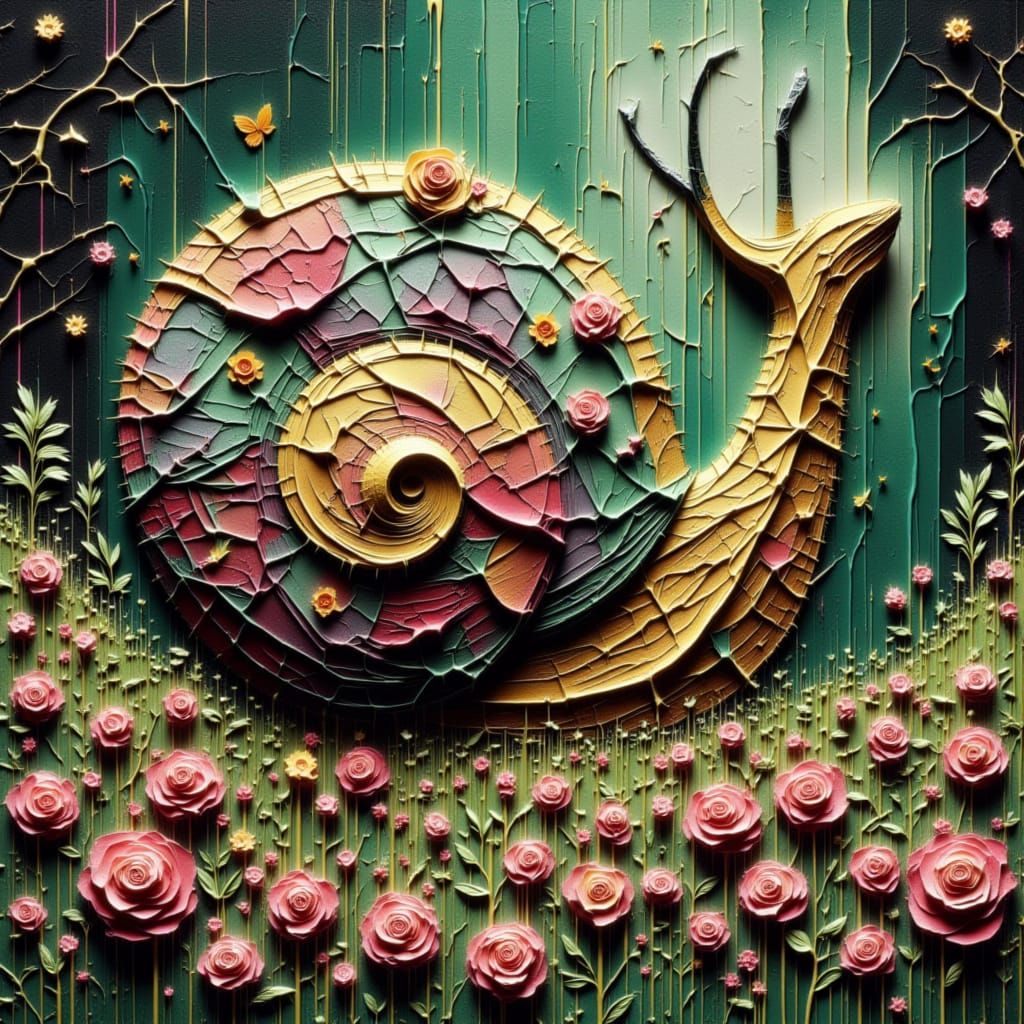 Giant Snail in Vibrant Garden, Murakami & Miyazaki Inspired