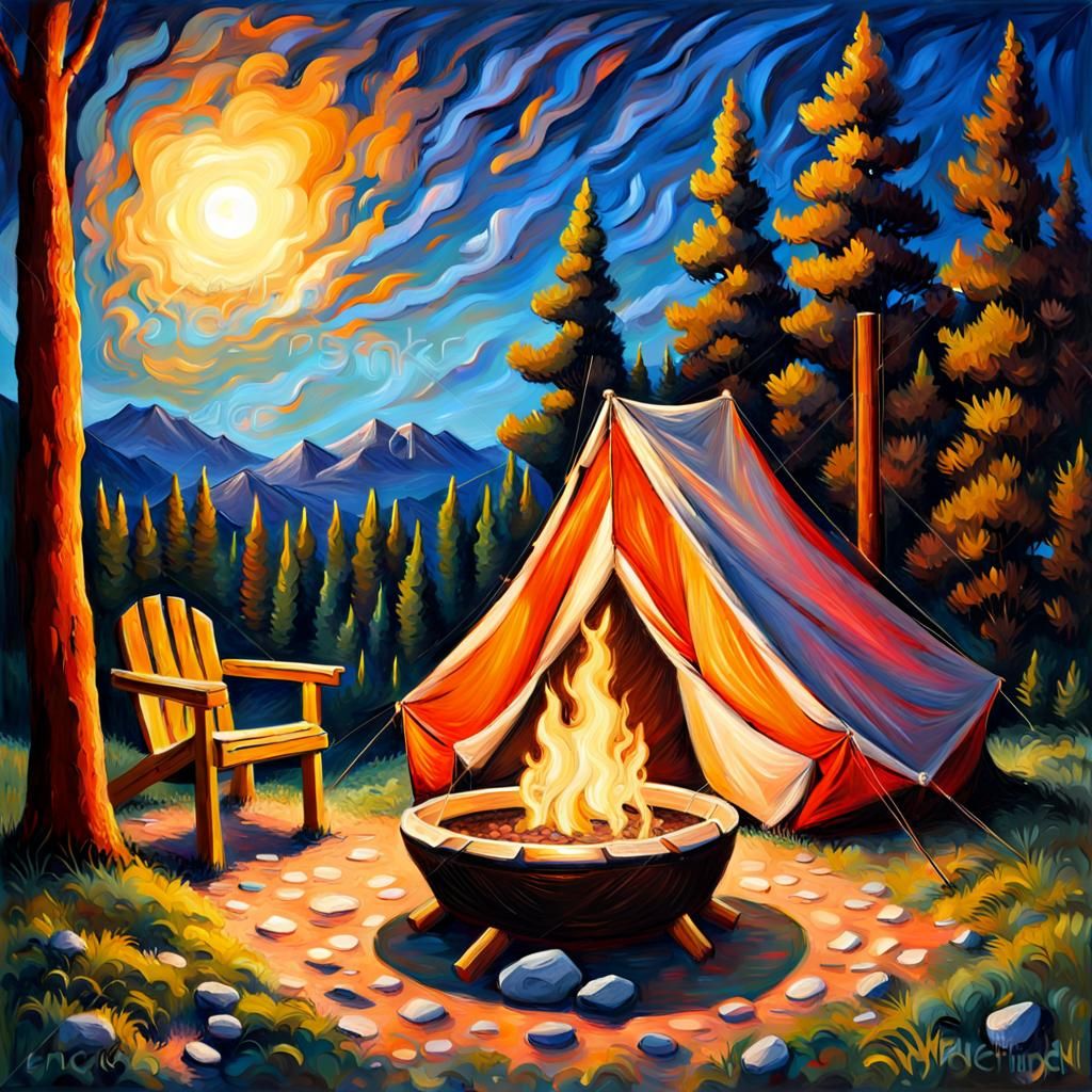 Glam Camping Under Moonlight in Expressionist Style