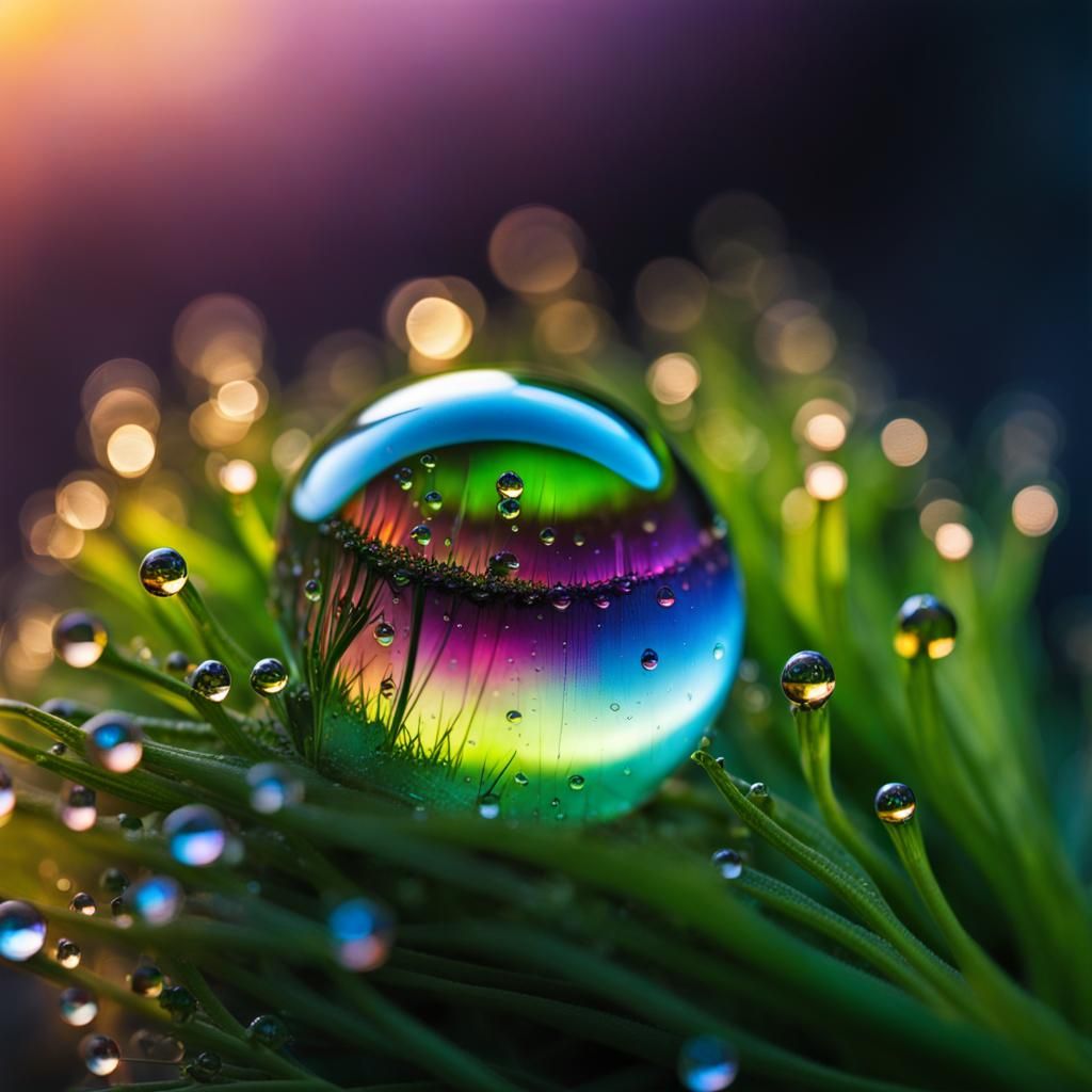 Aurora Borealis Reflection in Dewdrop: Hyperrealistic HDR