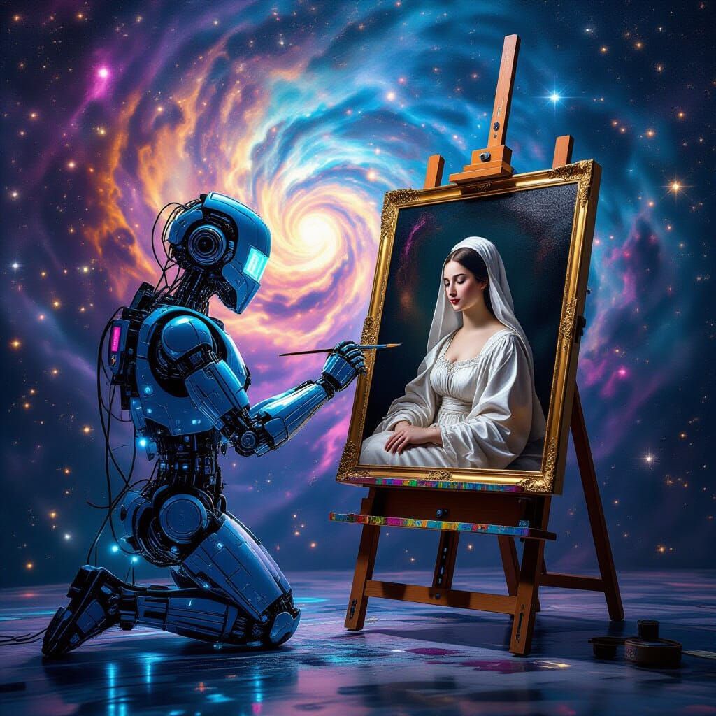Robod Artist Paints Serene Woman in Cosmic Nebula, Caravaggi...