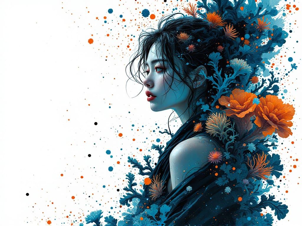 Woman Merging with Oceanic Ink Blooms in Digital Art
