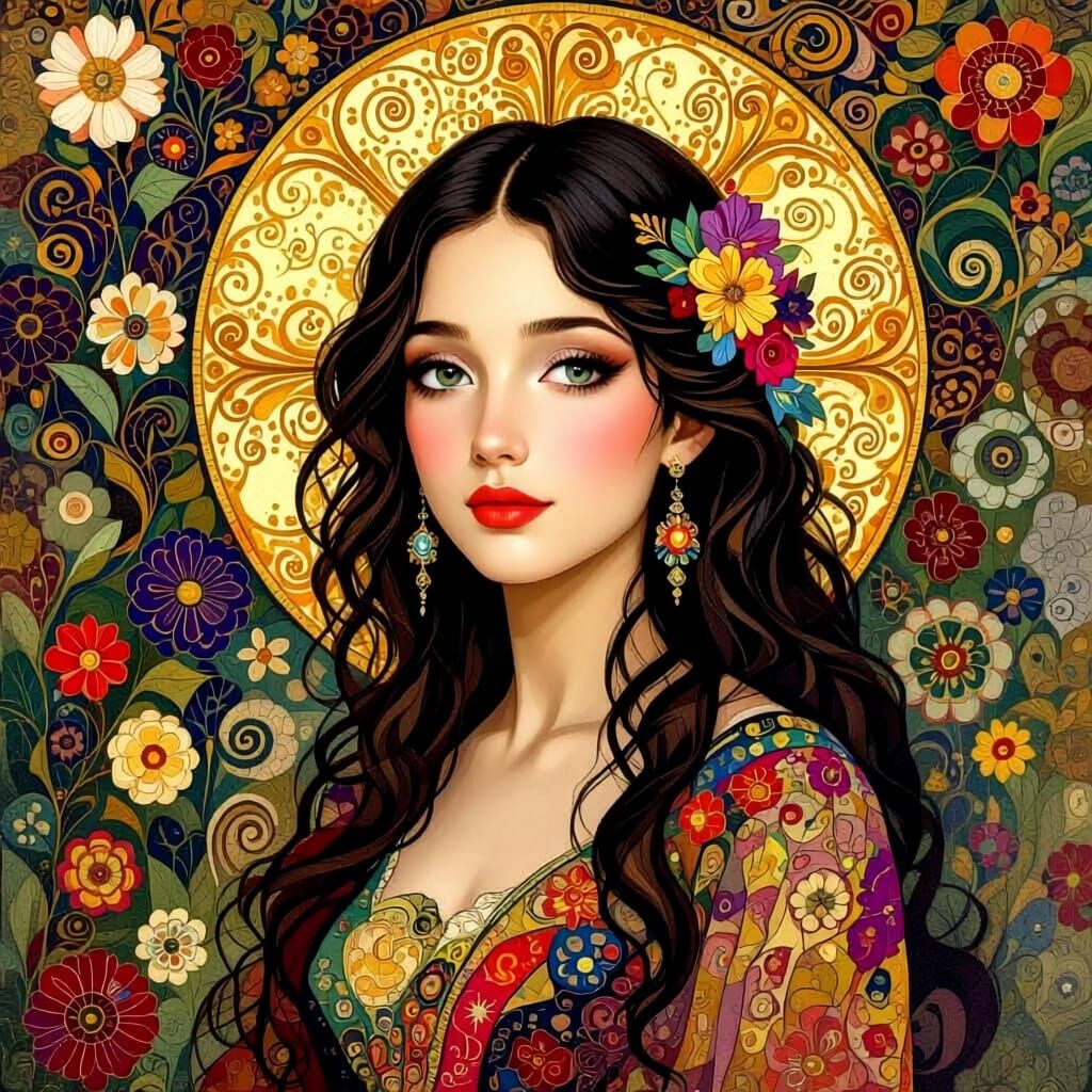 Vibrant Woman Portrait in Klimt Style with Fractal Elements