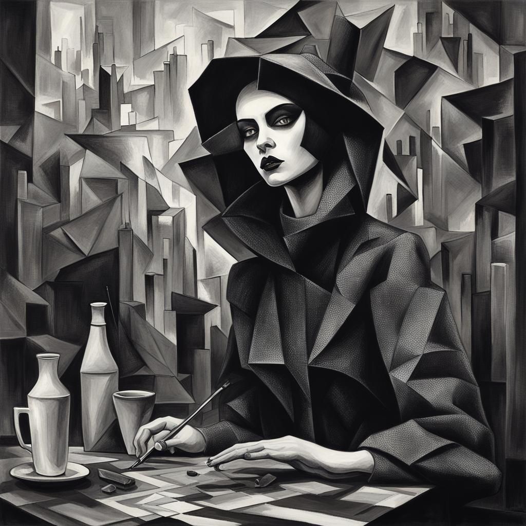 Gothic Model with VR Goggles in Cubist Style