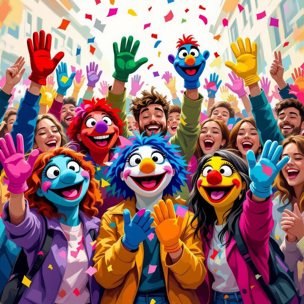 Joyful Crowd with Sock Puppets in Celebration