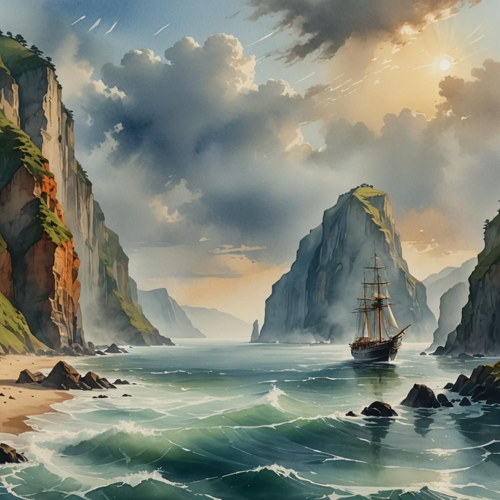 Surrealist Ship Sails Coastal Curve in Dreamscape Watercolor