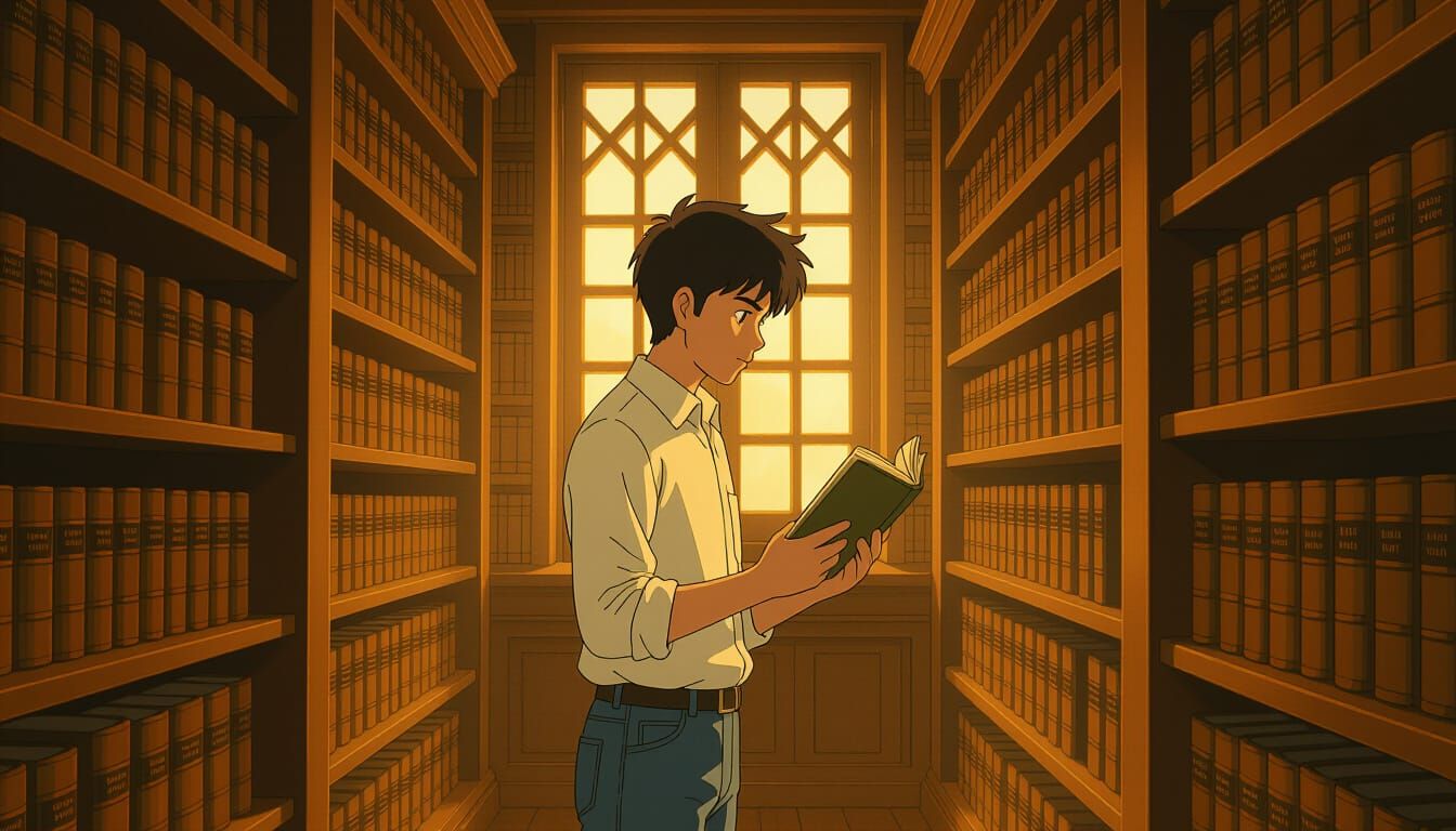 Indian Boy Among Old Books in Ghibli Makoto Shinkai Style