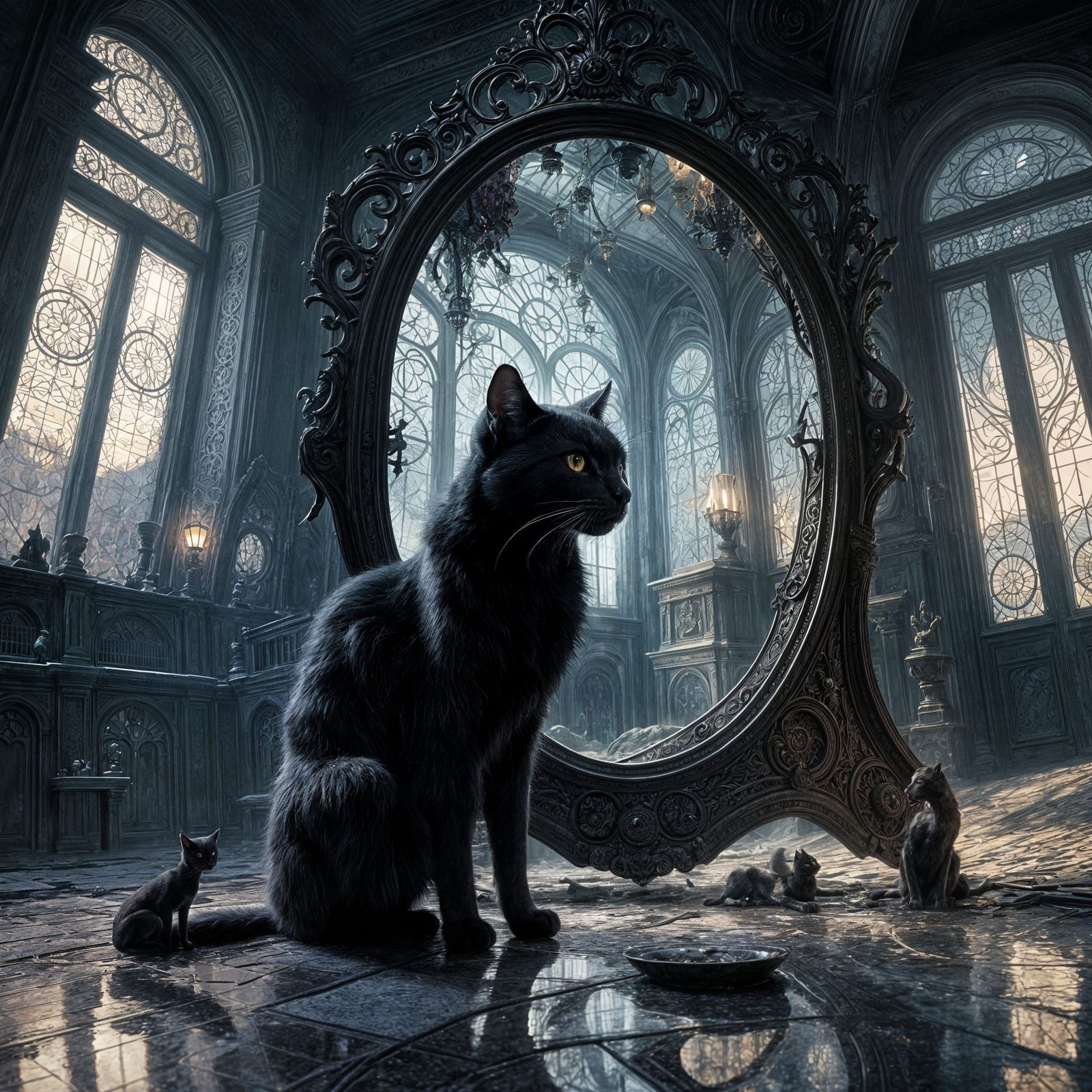 Black Cat in Gloomy Mansion, Dark Fantasy Art