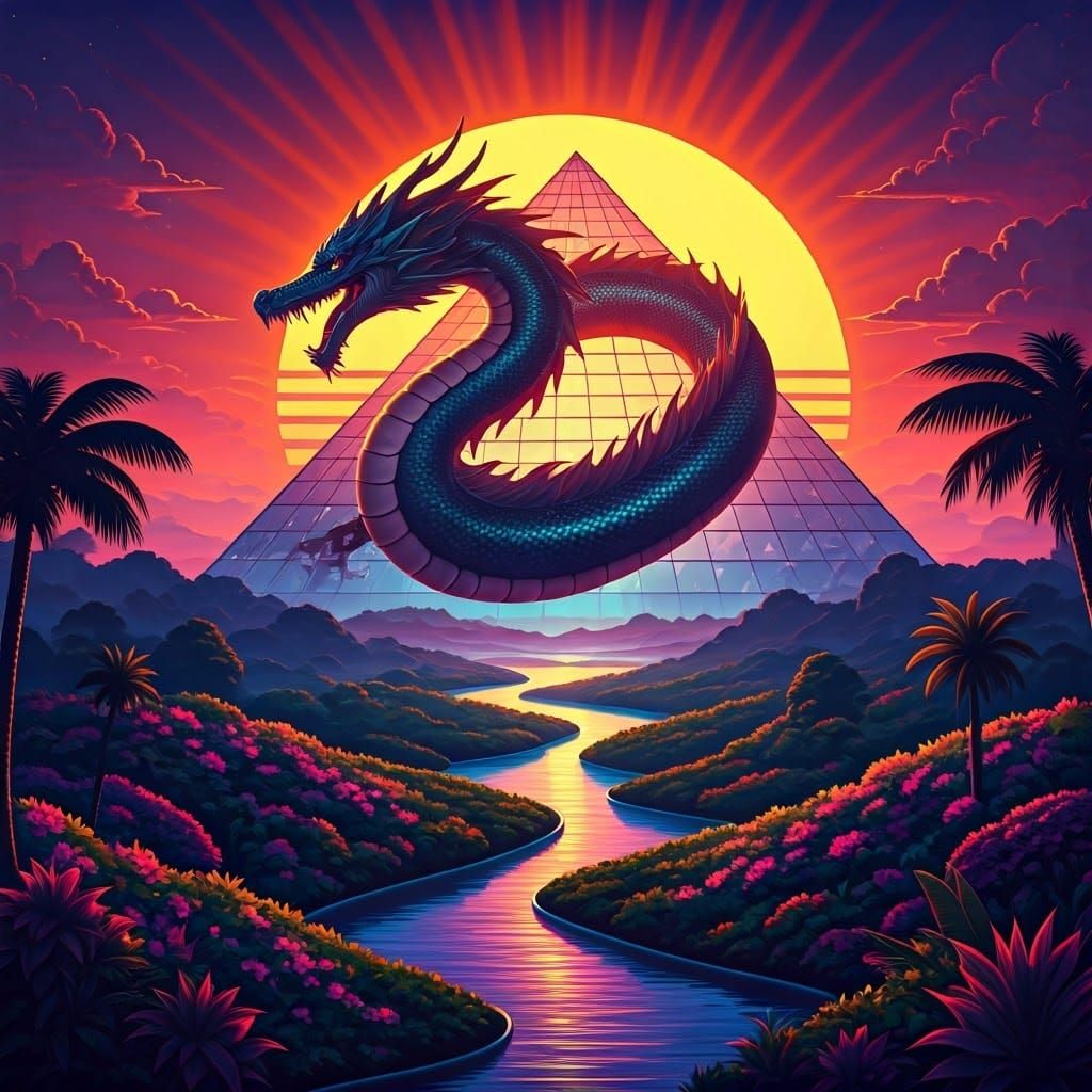 Jade Dragon and Glass Pyramid in Synthwave Style