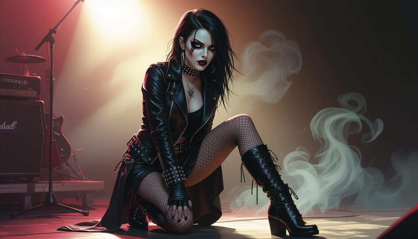 Gothic Rockstar on Dimly Lit Stage
