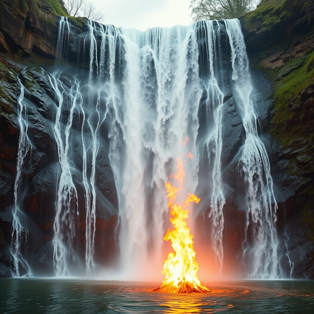 Powerful Waterfall Flows Towards Stream With Burning Fire Be...