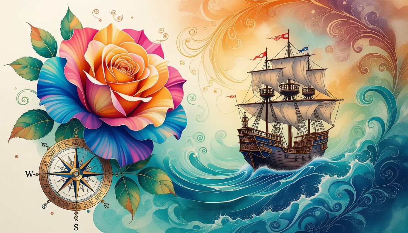 Iridescent Rose Tattoo Design with Compass and Galleon