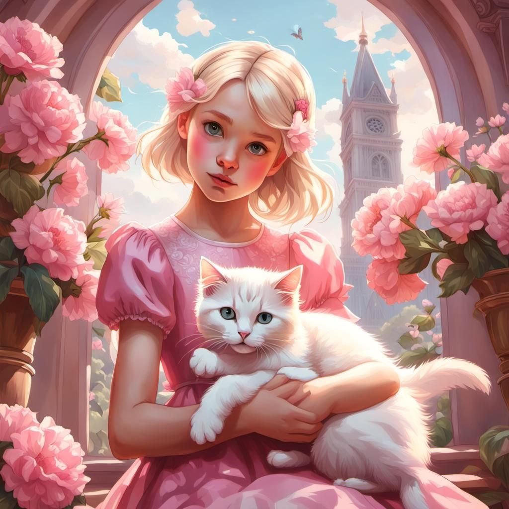 Girl and Cat Dress Up: Hyperdetailed Portrait