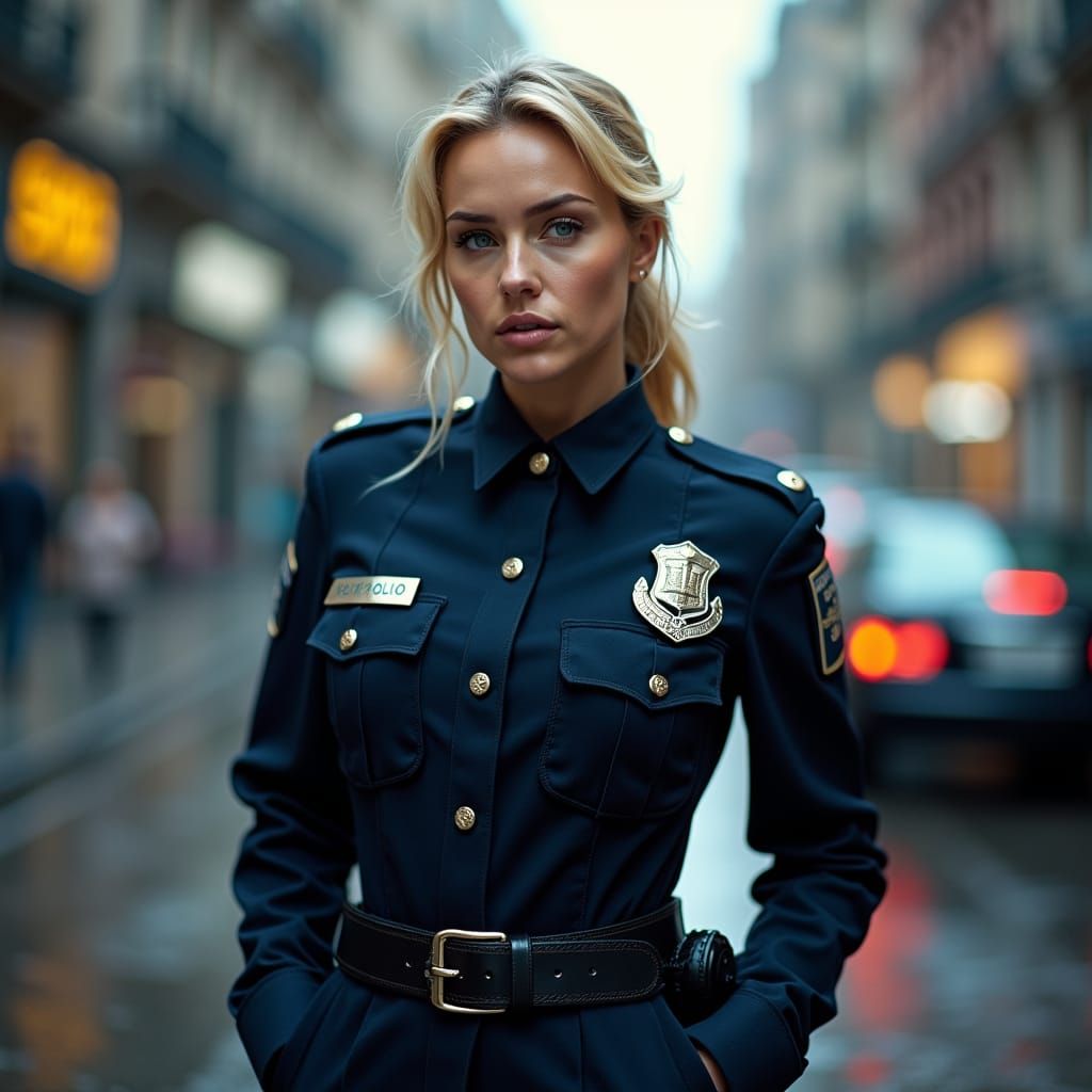 Blonde Woman in Police Uniform: Gritty Realism