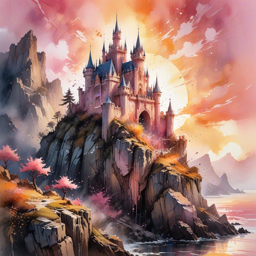 Ethereal Elven Castle at Sunrise in Watercolour Style