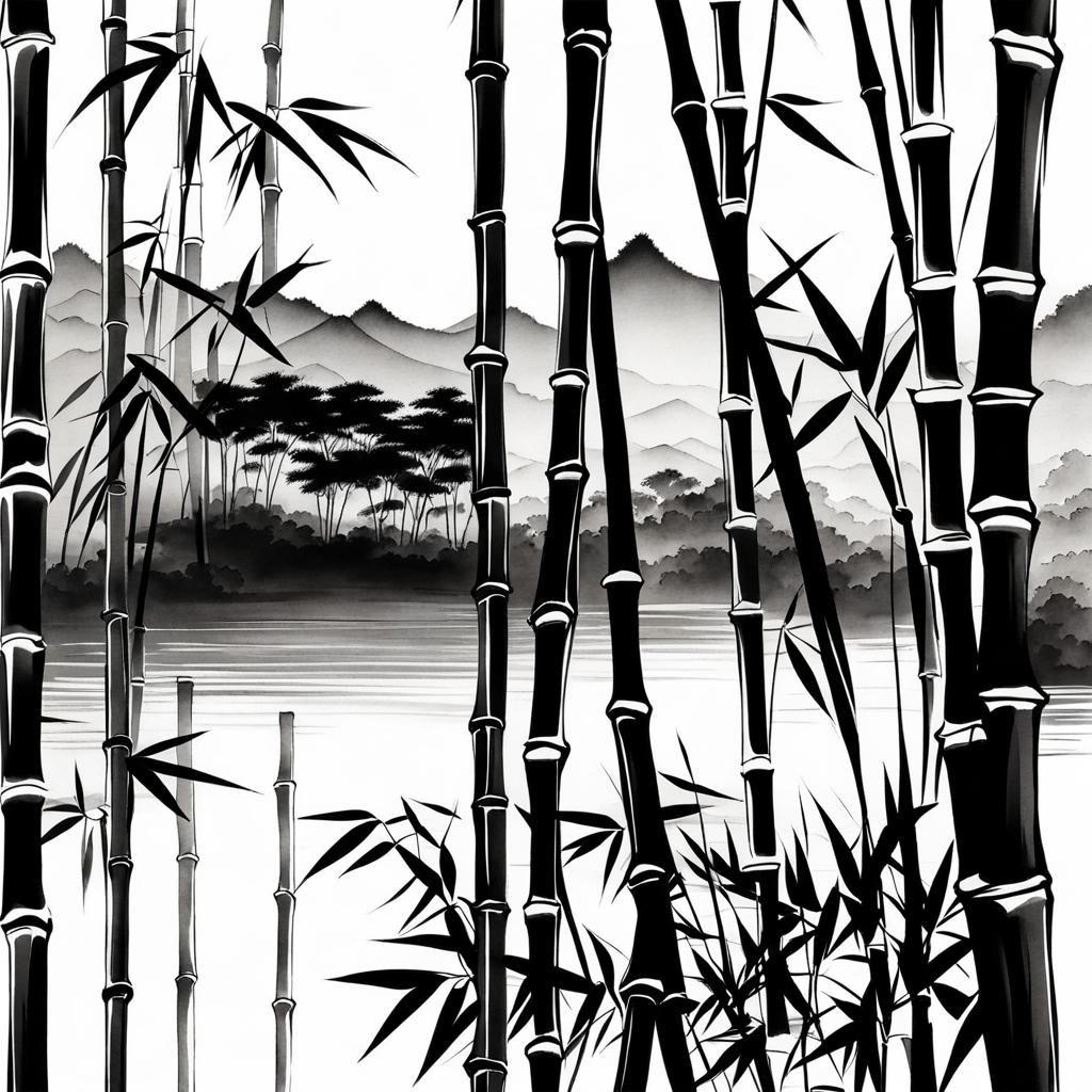 Japanese Ink Painting: Bamboo Landscape on White