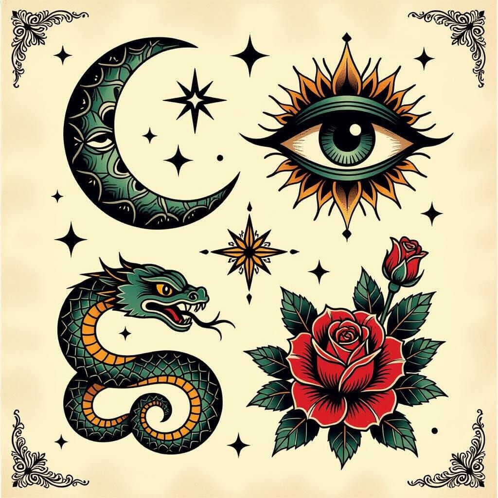 Mystical Tattoo Flash Sheet in Traditional Style