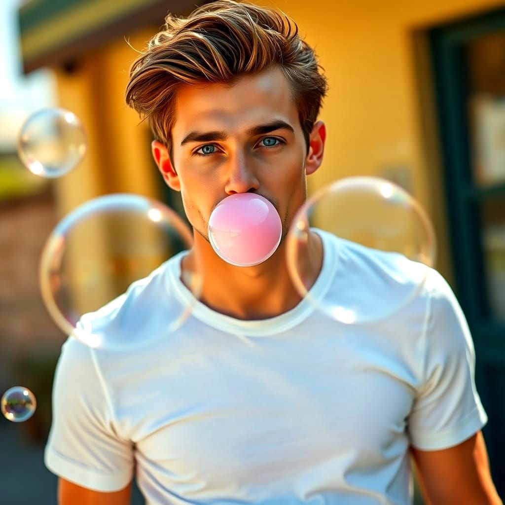 Handsome Young Man Blows Bubbles in Colorful Pop Art