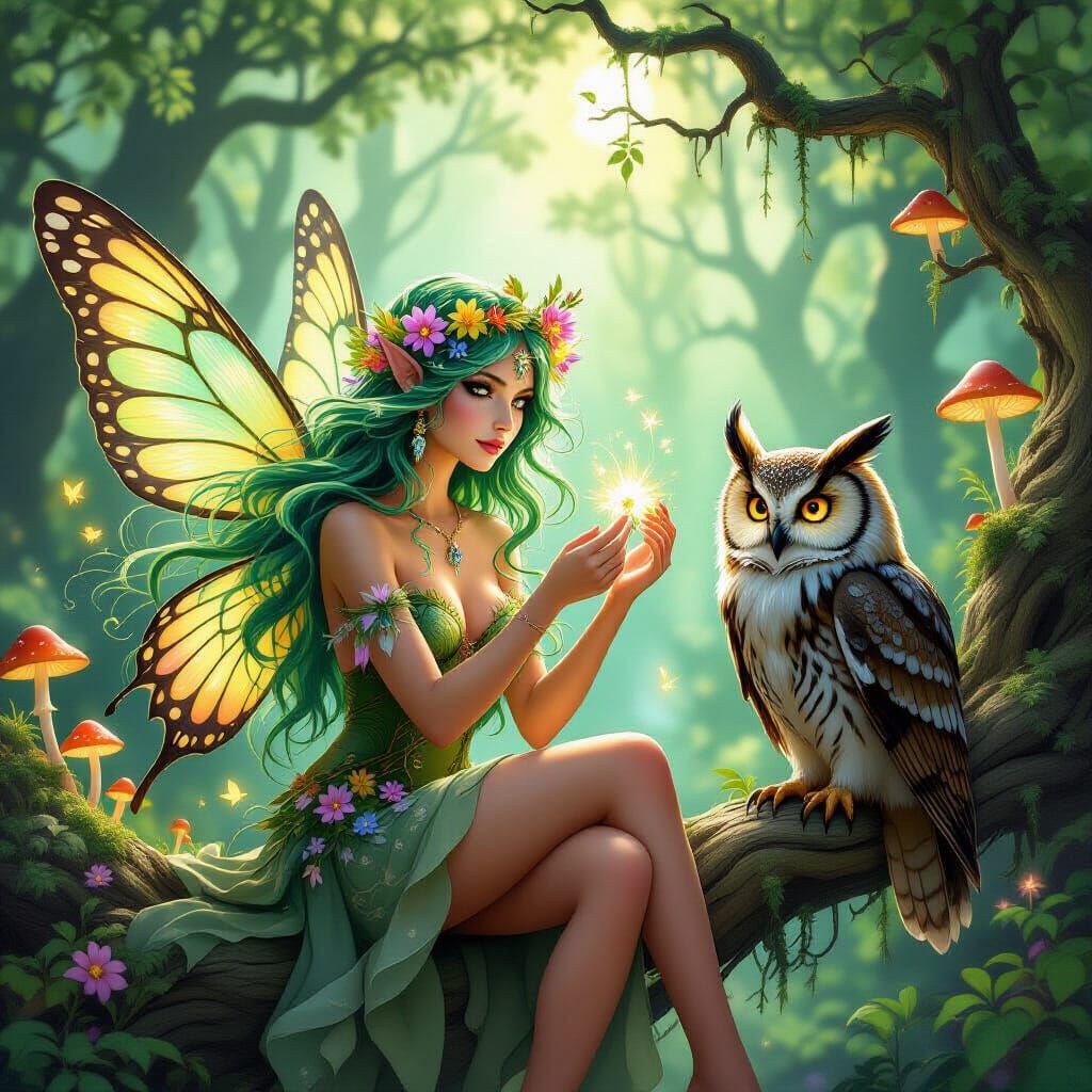 Forest Nymph with Owl in Enchanted Woods