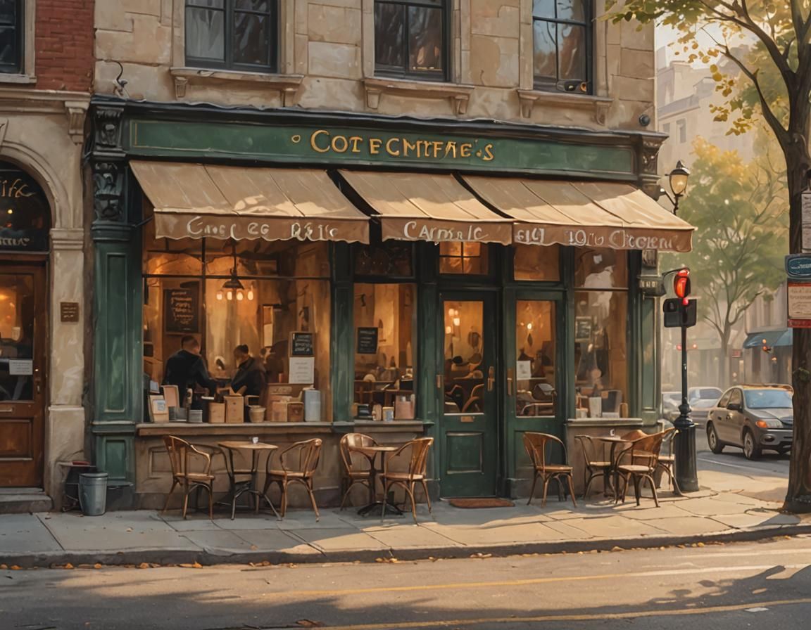 Soft Morning Light Filters Through a Cozy Coffee Shop with V...