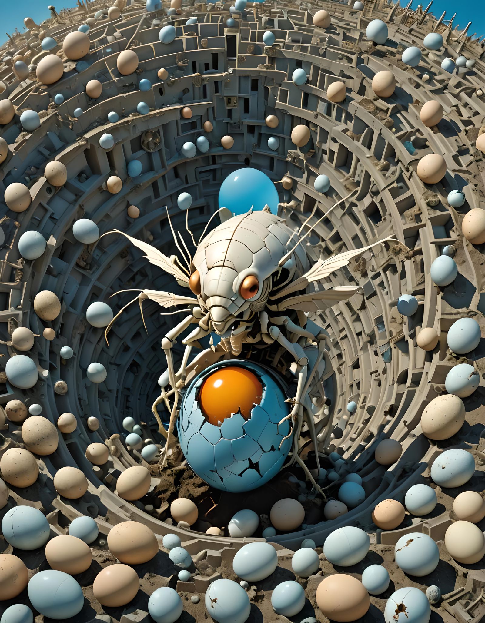 Post-Apocalyptic Insectoid Guarding Egg, Escher Photograph
