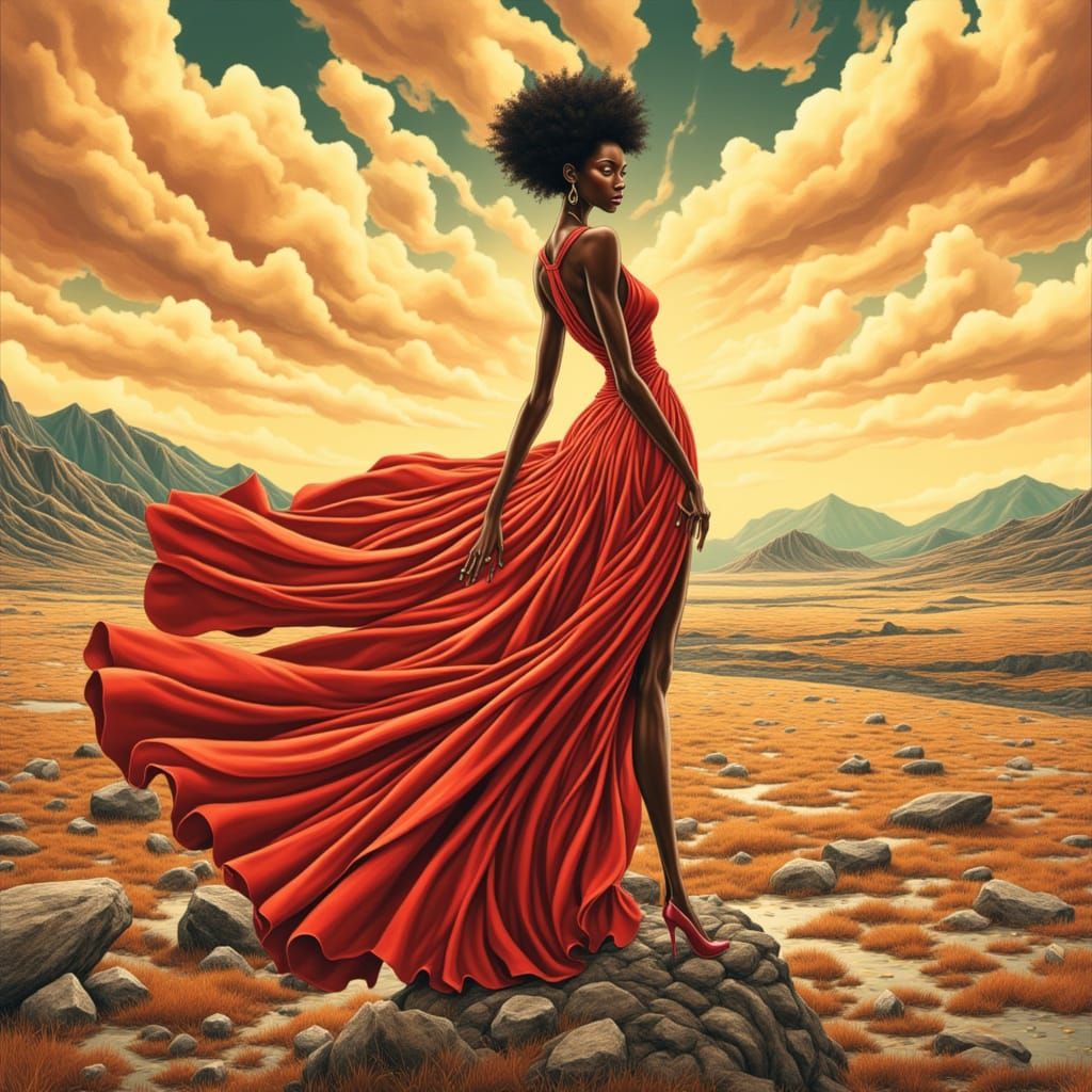 Art Nouveau Black Woman in Opulent Gown on Plateau