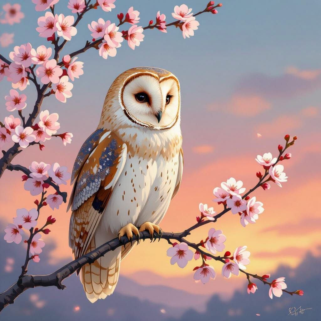 Watercolor Owl with Cherry Blossoms, Art Nouveau Style