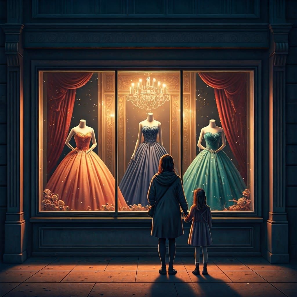 Stunning Ball Gowns in a City Street Store Window