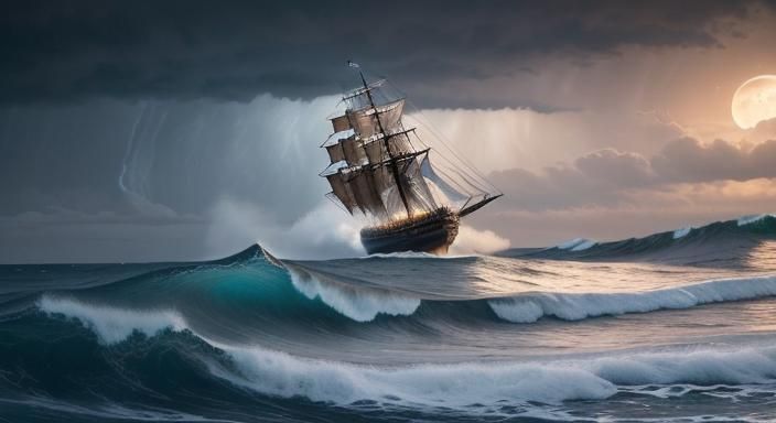 Ship in Stormy Sea with Cosmic Elements