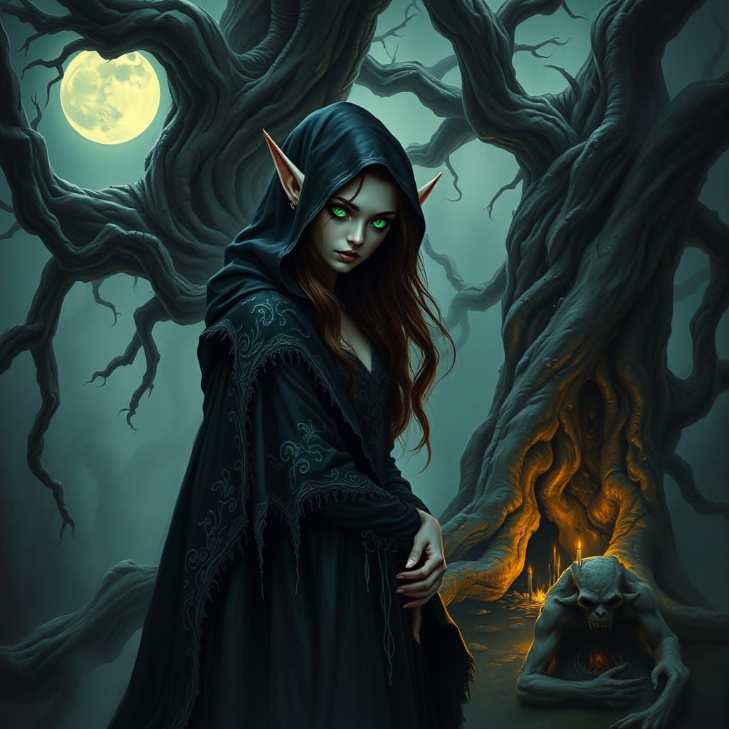 Gothic Female Elf in a Haunting Enchanted Forest