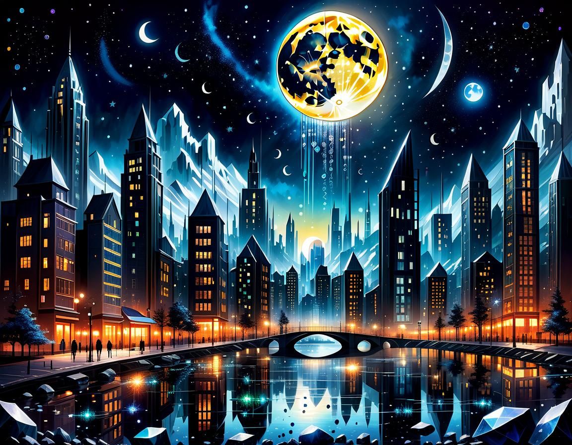 Magical Nighttime Cityscape with Crystals and Runes