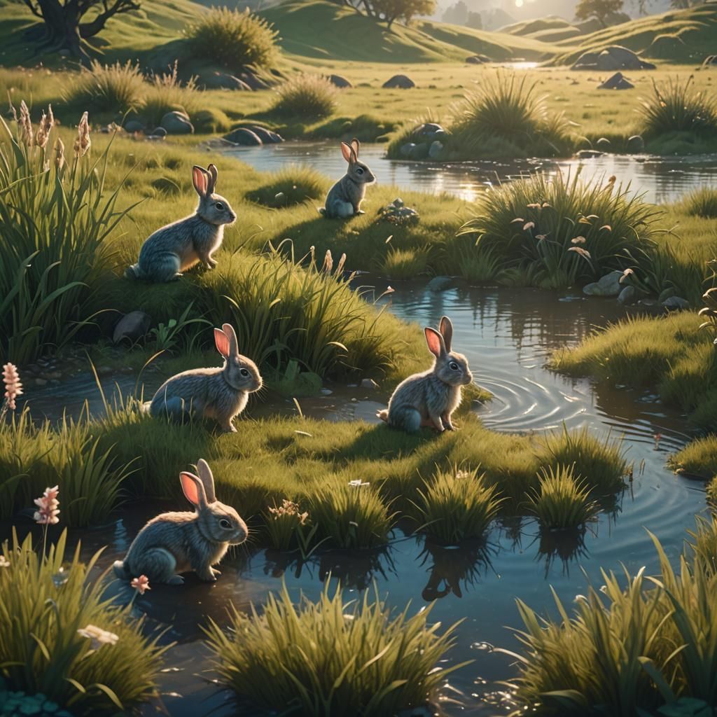 Bunnies in Grassland: A Vibrant Fantasy Painting
