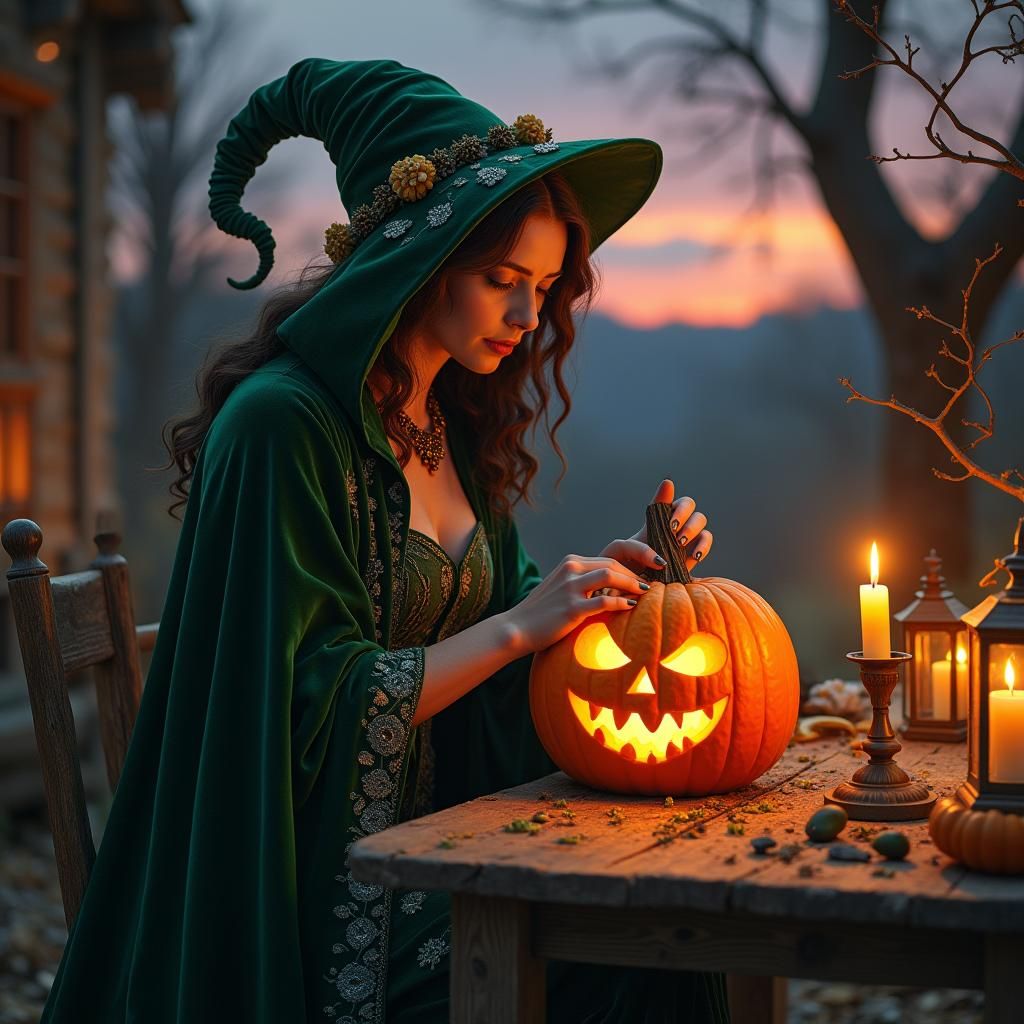Magical Witch Carving Jack-o'-lantern at Dusk