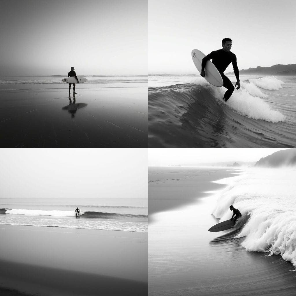 Moody Black and White Surfing Landscape in Minimalist Style
