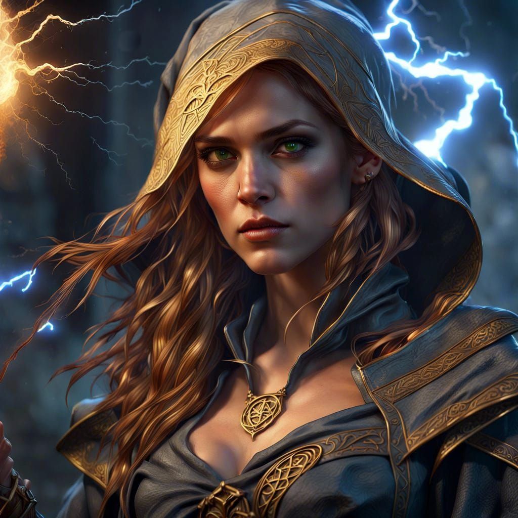 Sorceress Casting Lightning Magic in Fantasy Art Style
